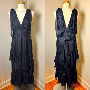VICI Lace Overlay Tiered Ruffle Cocktail Event Maxi Dress BLACK / MEDIUM
